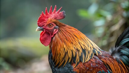 Fototapeta premium Rooster Profile, Red comb, Colorful Feathers, Poultry, Chicken