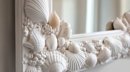 Seashell mirror frame detail, coastal home decor