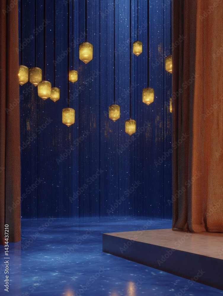 Aufkleber stage with a blue curtain in the background. the curtain is made up of vertical lines that create a 
