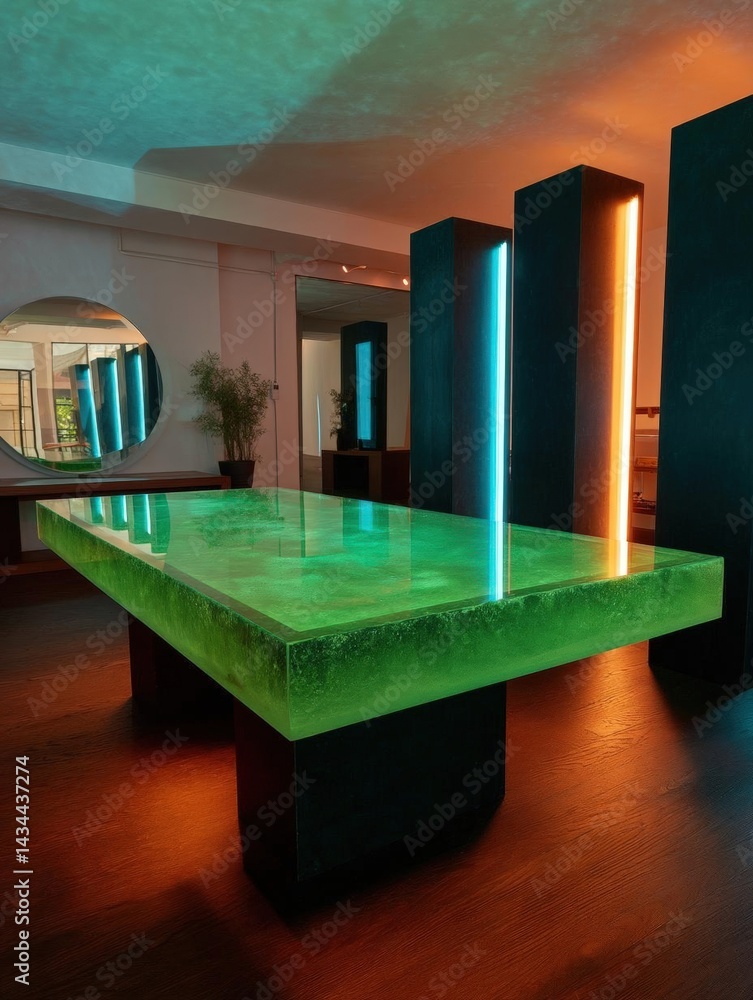 Poster modern dining table in a room with a wooden floor and white walls. the table is rectangular in shape