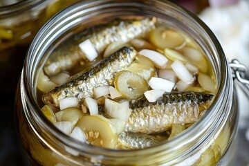 Vinegar cured herring with onions and pickles Ideal for vodka