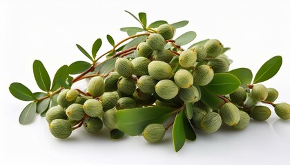 Studio macro shots of unripened, green, olives and foliage, perfectly isolated on a high-key white background.Ideal for herbal medicine, health, and pharmaceutical content, providing clean cutouts of 