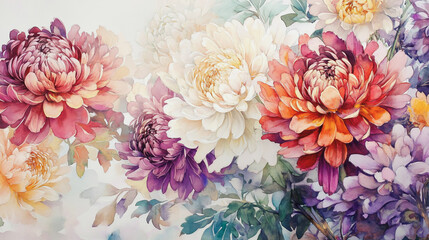 watercolor botanical Chrysanthemum flowers texture template background.Elegant wedding invitation card background . Minimal hand painted Design for wedding or Valentine's Day