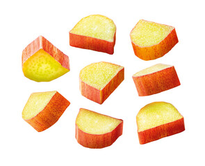 Pieces of chopped rhubarb stalk on a white background.