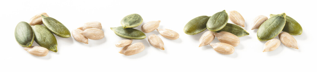 Set of pumpkin and sunflower seeds isolated on white background. 