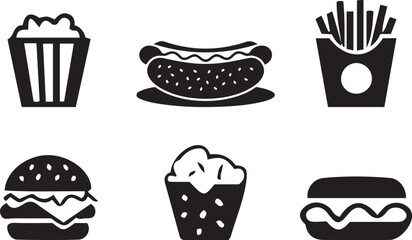 Fast food icons set including popcorn, burger, hot dog, french fries and snack in black and white illustration