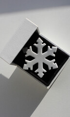 Snowflake Model in Jewelry Box Isolated on White Flat Lay Photo