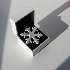 Artificial Snow Symbol Inside Leather Case Under Sun Rays. Cold Symbol on Snowflake Shape in White...
