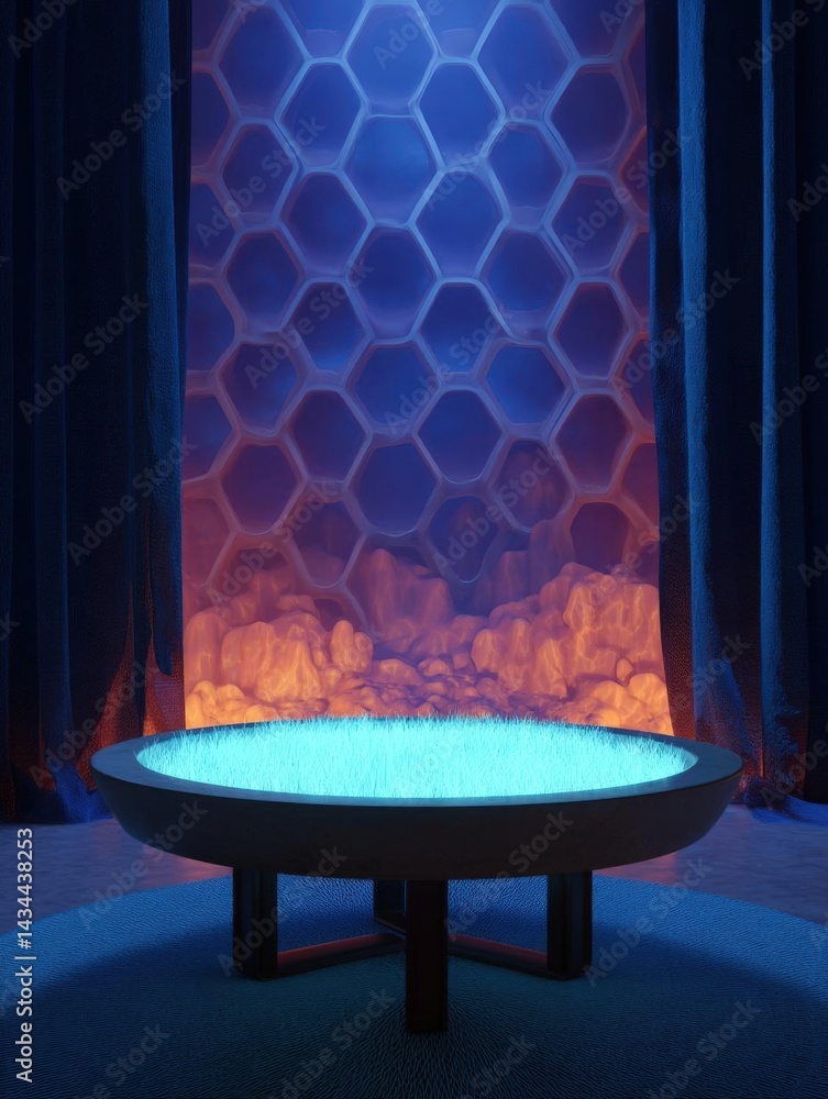 Poster round black coffee table with a blue light on top. the table is placed on a blue carpeted floor in f