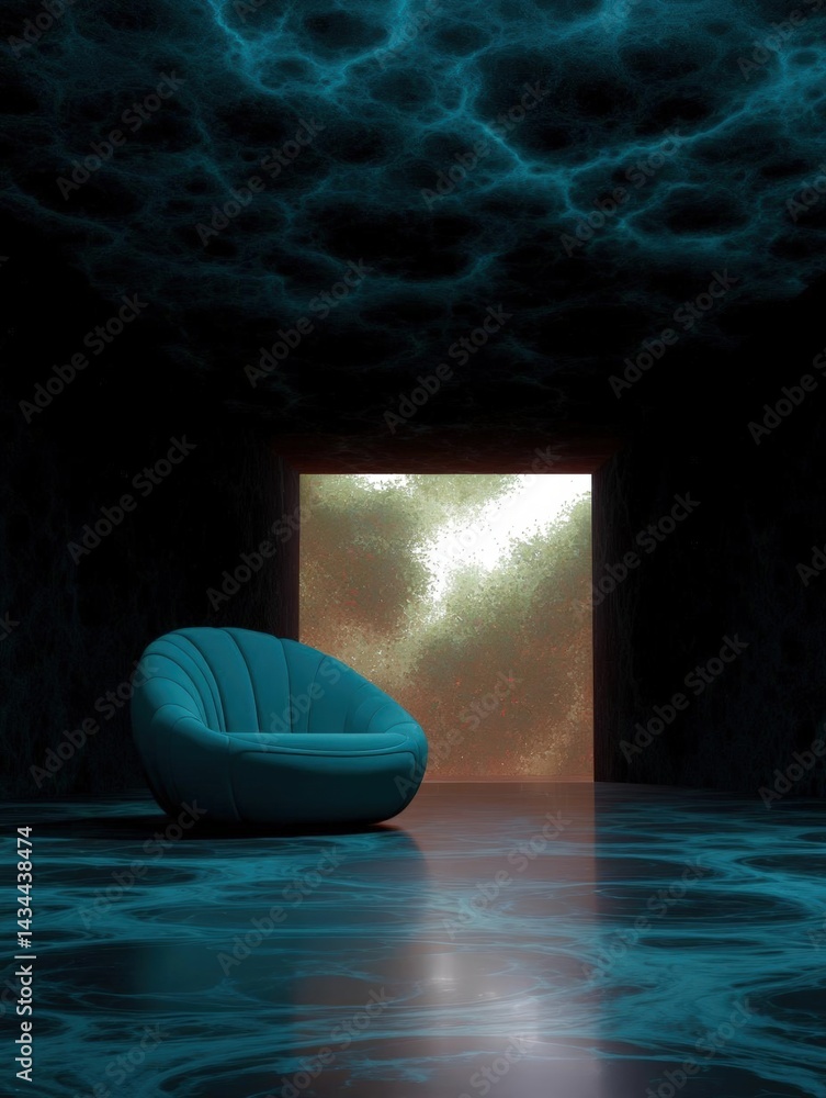 Poster dark room with a large window in the center. the window is open, allowing natural light to enter the