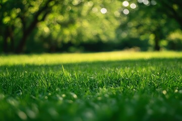 Naklejka premium Lush green grass field with trees in natural landscape