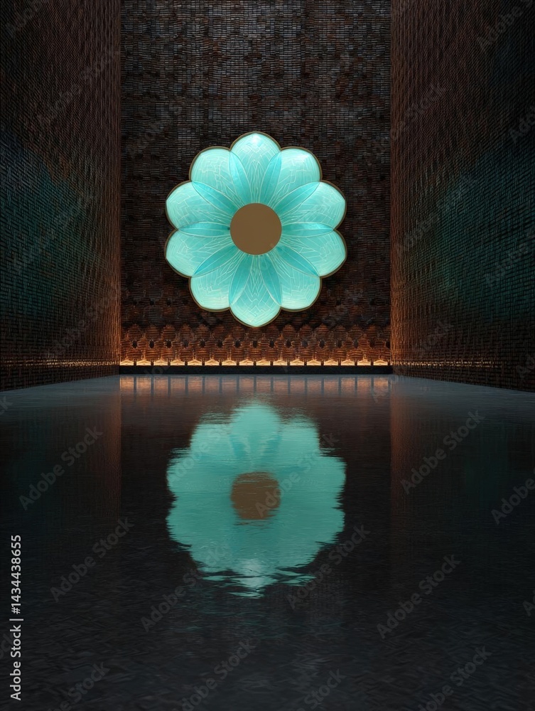 Poster empty room with a large circular light fixture in the center. the light fixture is in the shape of a