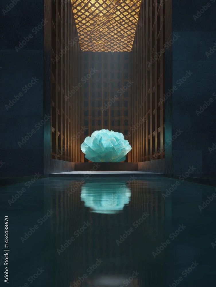 Poster digital art piece that appears to be a 3d rendering of a modern and minimalist interior space.