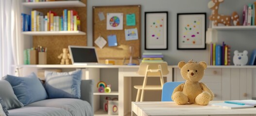 School child room interior space with table, couch, bookcase, books and laptop on table indoors at home apartment background. Children homeschool, online distance remote virtual learning, banner.