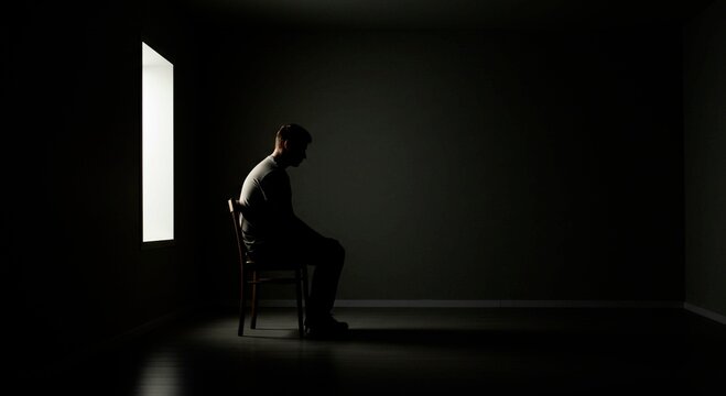 Man sits on chair in dark room with light coming from a single window