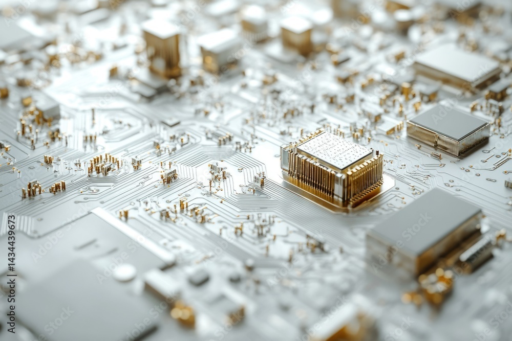 Fototapete close-up of a circuit board showcasing intricate microchip components and gold connectors.