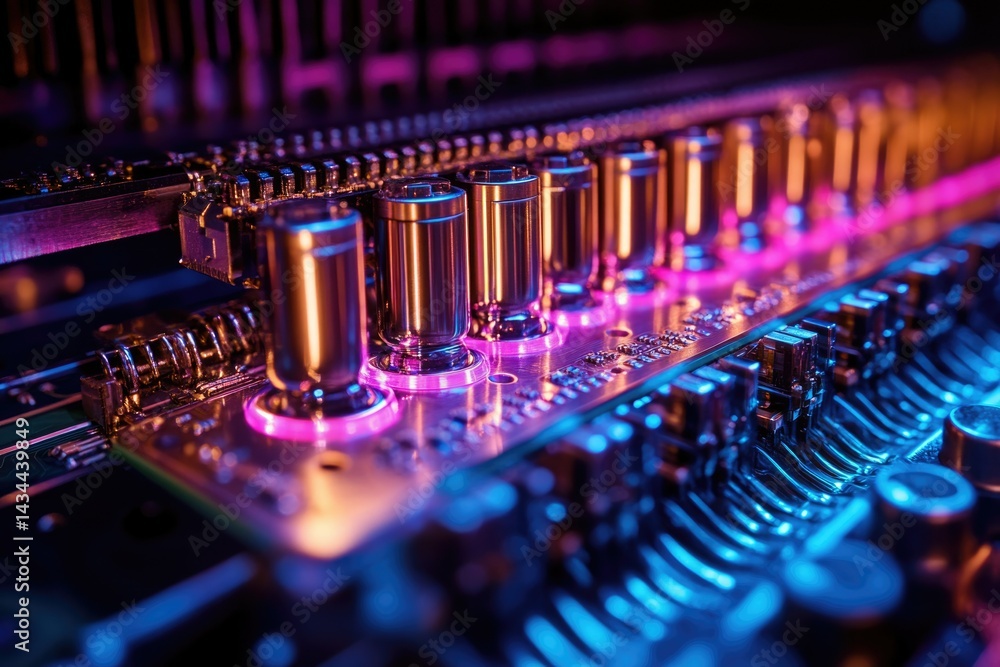 Poster Close-up of illuminated electronic components on a circuit board, showcasing intricate design and vibrant colors.