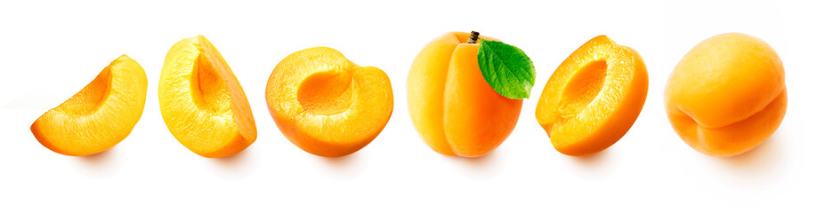 Apricot set isolated on white background. Fresh apricots - half, slice and whole apricots with leaf.