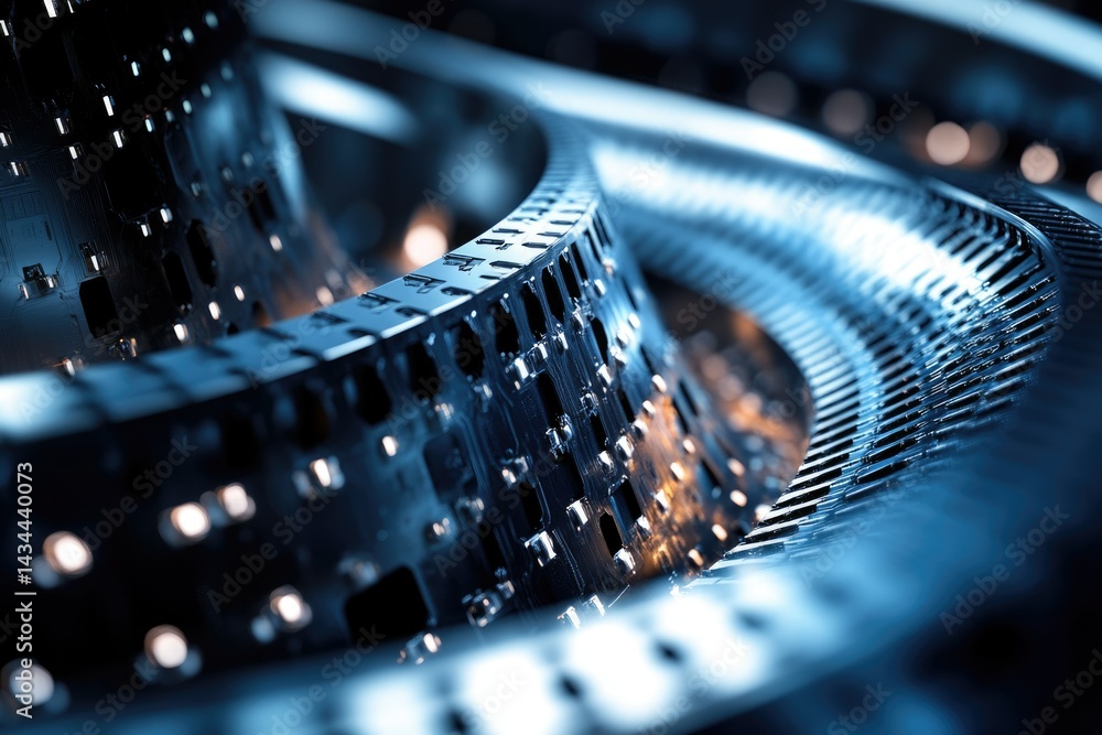 Poster Abstract close-up of a complex, metallic, swirling structure with intricate circuitry and glowing elements.