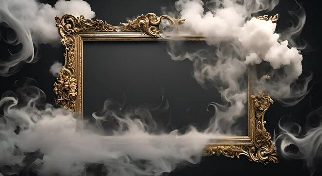 White smoke billowing out of an ornate picture frame on a dark background Surreal art concept 4K