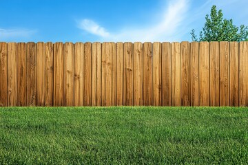 Simple wooden fence with green grass and bright blue sky