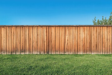 Simple wooden fence with green grass and bright blue sky