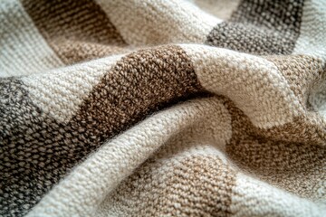Close-up of a soft, woolen blanket with a textured, plaid pattern in neutral earth tones.