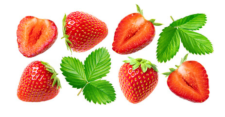Strawberry and leaf collection. Set of fresh strawberries fruits whole and cut in half with leaves, isolated on white background.