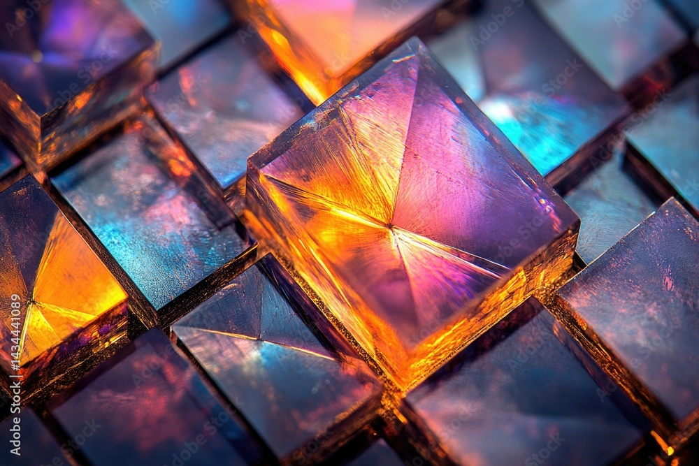 Poster a close-up view of iridescent, multifaceted cubic crystals, showcasing vibrant colors and intricate 