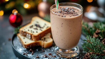 Festive chocolate smoothie and bread, a perfect holiday treat.