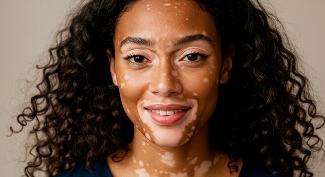 Close up of a smiling woman with vitiligo and curly dark hair posing - Powered by Adobe