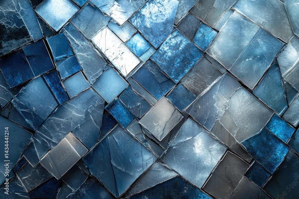 Poster abstract mosaic of blue and gray stone or glass tiles, creating a geometric pattern.