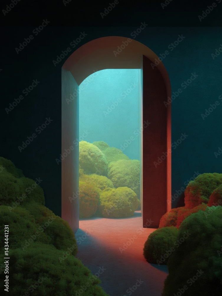 Poster digital illustration of an archway in the middle of a tunnel. the archway is made of white stone and