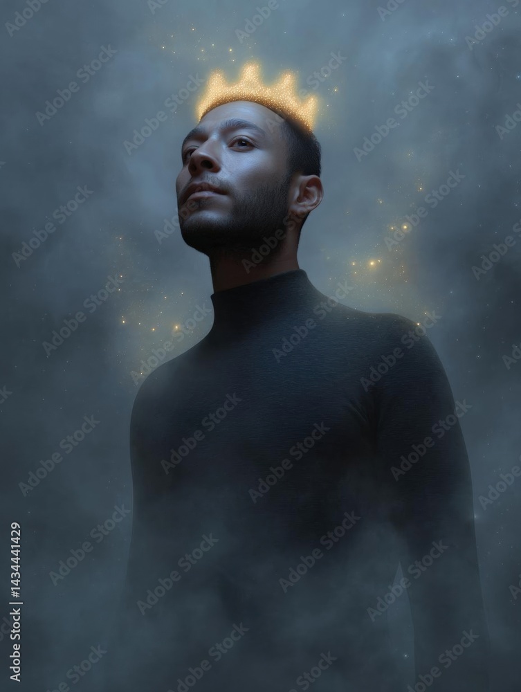 Poster digital portrait of a man with a crown on his head. he is standing in front of a dark background wit