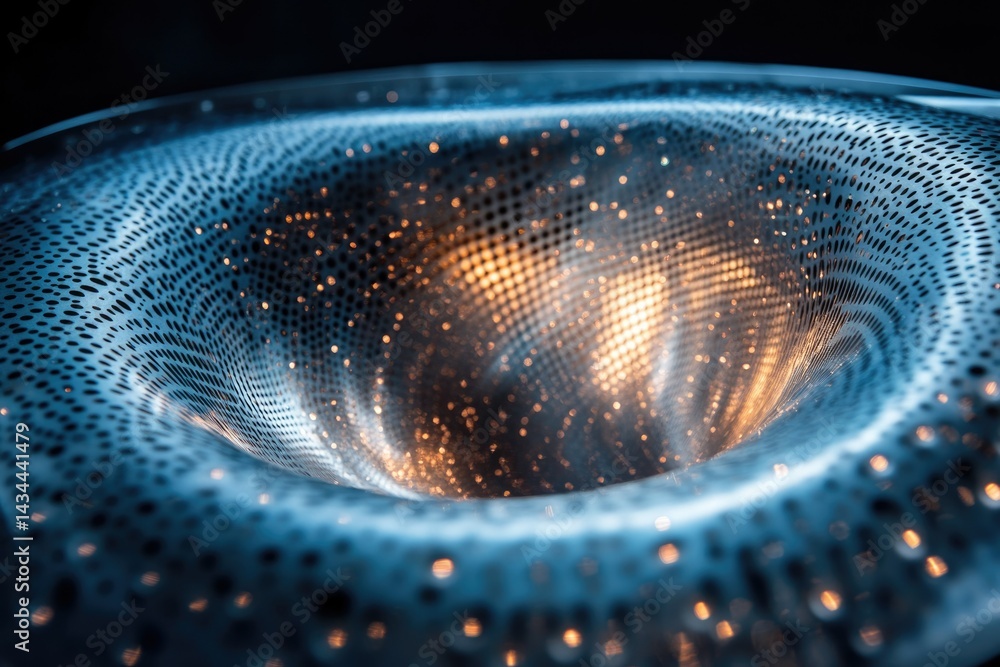 Poster abstract image depicting a swirling, metallic vortex with glowing particles, suggesting a technologi