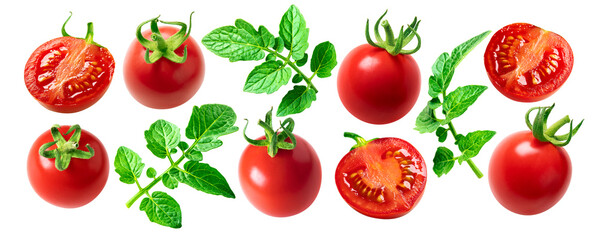 Fresh red cherry tomatoes isolated on white background. Tomato set - whole, half and tomato leaf. Perfect natural tomatoes not AI.