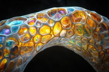 Naklejka premium Abstract iridescent bioluminescent structure, resembling a cellular network glowing with internal light.