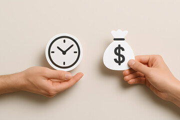Minimalist concept of time-for-money exchange — symbolic business image with hands trading clock and money icons