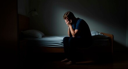 Obraz premium Man sitting on bed with head in hands in dimly lit room at nighttime. depression