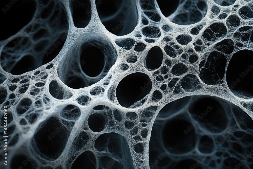Poster Intricate web-like structure with numerous holes and a complex network of thin threads.