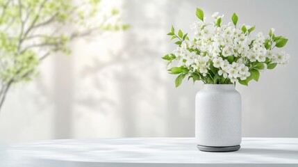 Fototapeta premium Delicate white flowers in a vase, sunlit indoor scene