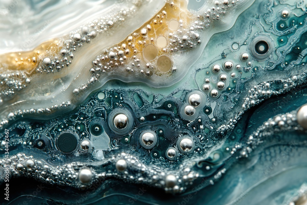 Poster abstract image of swirling teal and silver liquid with metallic bubbles, resembling a close-up of a 