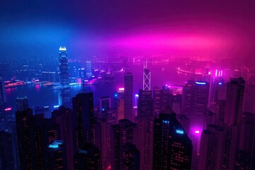 Fototapeta premium Cityscape Shimmers with Neon Lights at Twilight