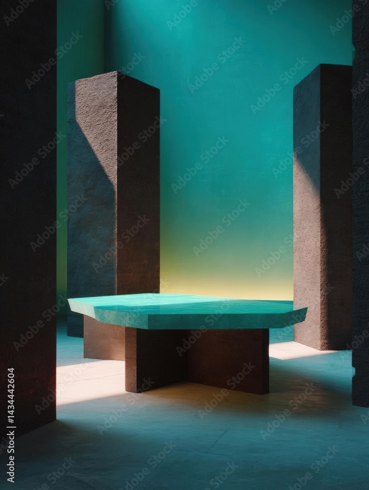 Poster modern and minimalist interior space with a large rectangular table in the center. the table is made