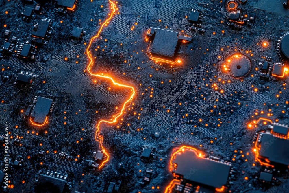 Poster Close-up of a circuit board with glowing orange lines, showcasing intricate details and complex electronic components.