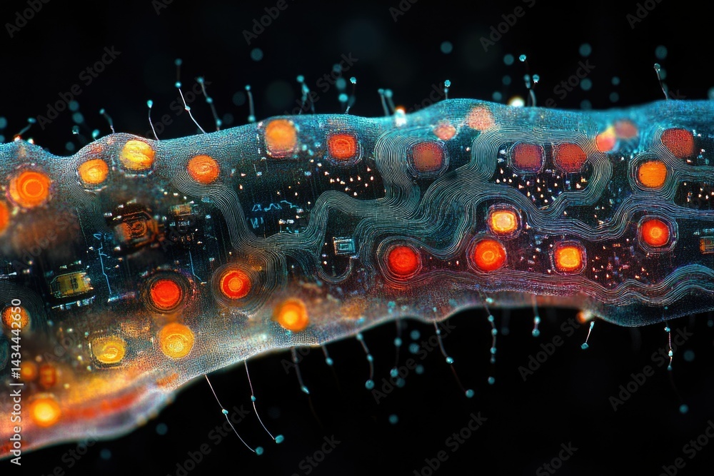 Poster a mesmerizing digital artwork depicting a bioluminescent circuit board, blending organic and technol