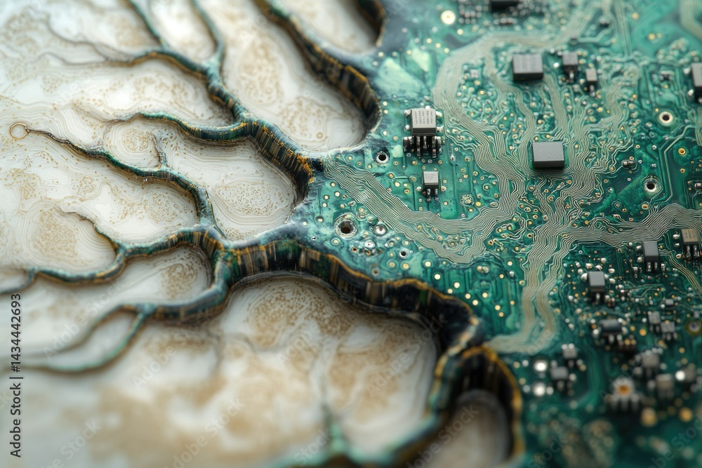 Aufkleber circuit board art resembling a tree's roots, blending technology and nature in an artistic fusion.