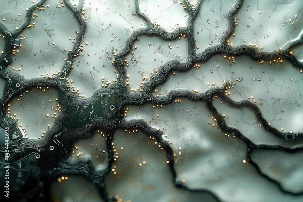 Poster Abstract close-up of a circuit board, resembling a futuristic landscape with intricate pathways and golden connections.