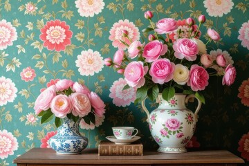 Pink Roses Displayed in Vases near Tea Cup

