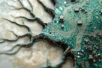 Circuit board art resembling a tree's roots, blending technology and nature in an artistic fusion.